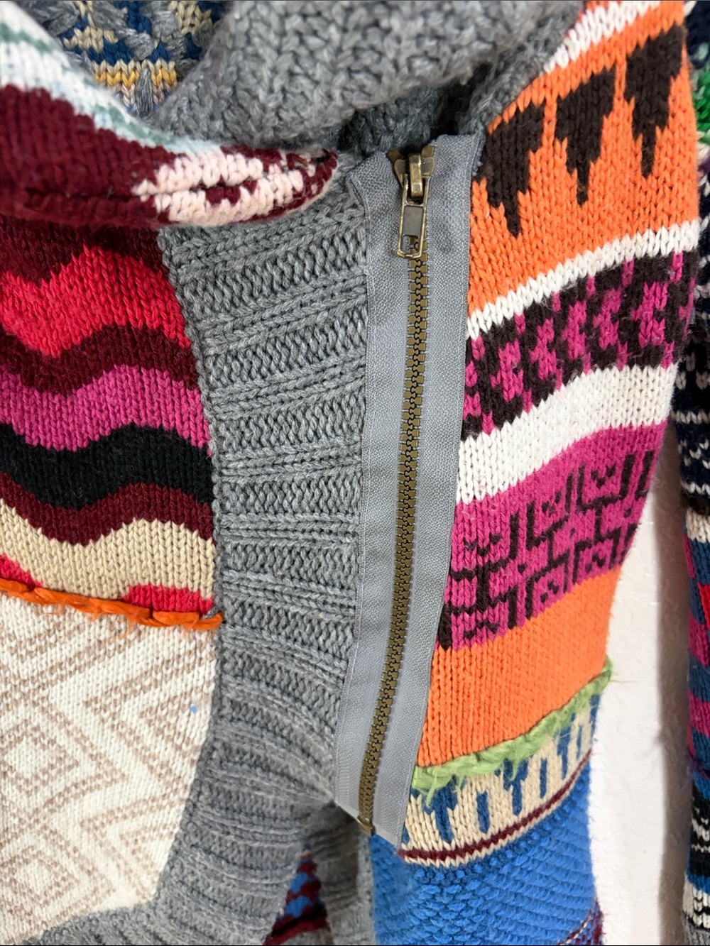 Desigual Multicolor Patchwork Zip-Up Sweater with Gray Trim,Size M. - Picture 7 of 17